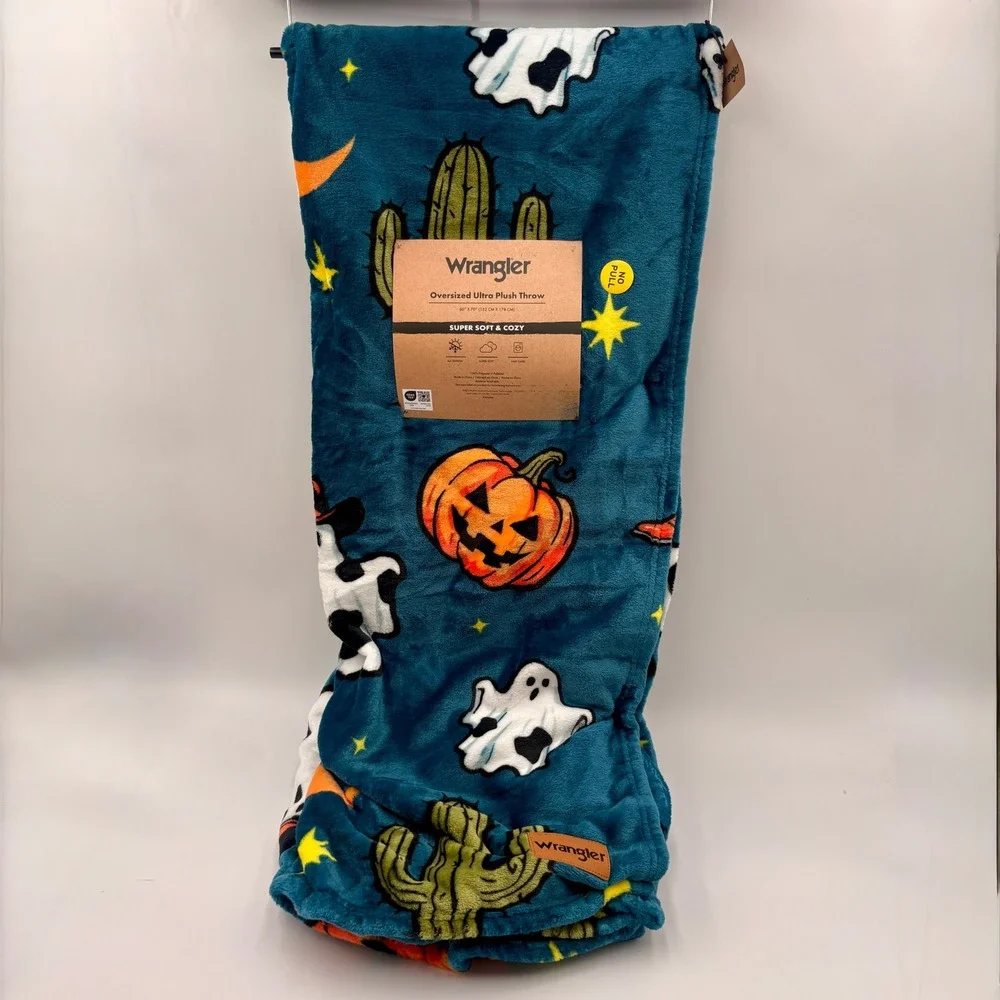 Wrangler Oversized Ultra Plush Throw Halloween Ghost Cactus Teal 60x70 Blanket
